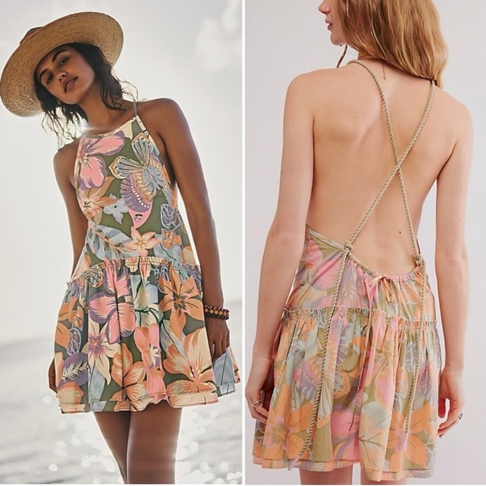 Free People In Bloom Sleeveless Open Back Tiered Mini Dress Size XL NWOT.
